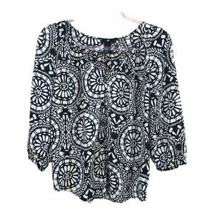 H&M Sheer Boho Button Up 3/4 Sleeve Blouse Geometric Print Top Size 6